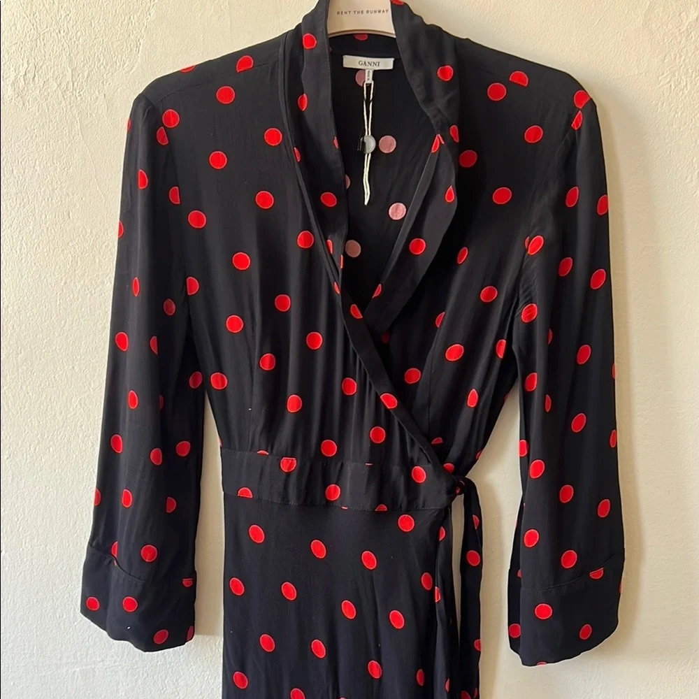 Ganni Black and Red Cowl Neck Wrap Dress - Picture 4 of 8